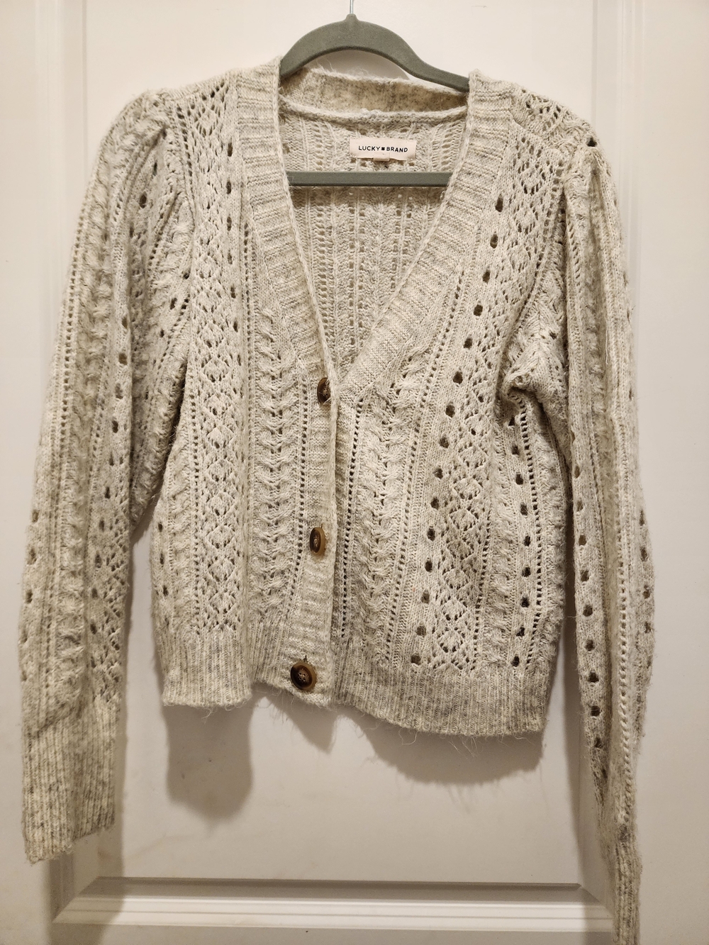 Lucky Brand Cream Open-Knit Button Cardigan Sweater Size Small